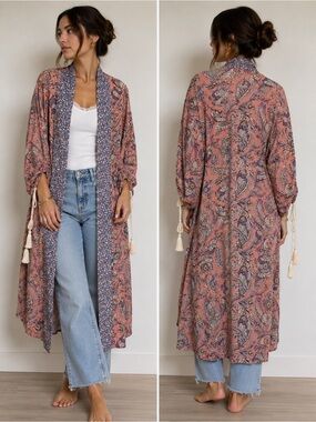 GiGiO USA Boho Paisley Floral Tassel Kimono Cardigan Duster Size M